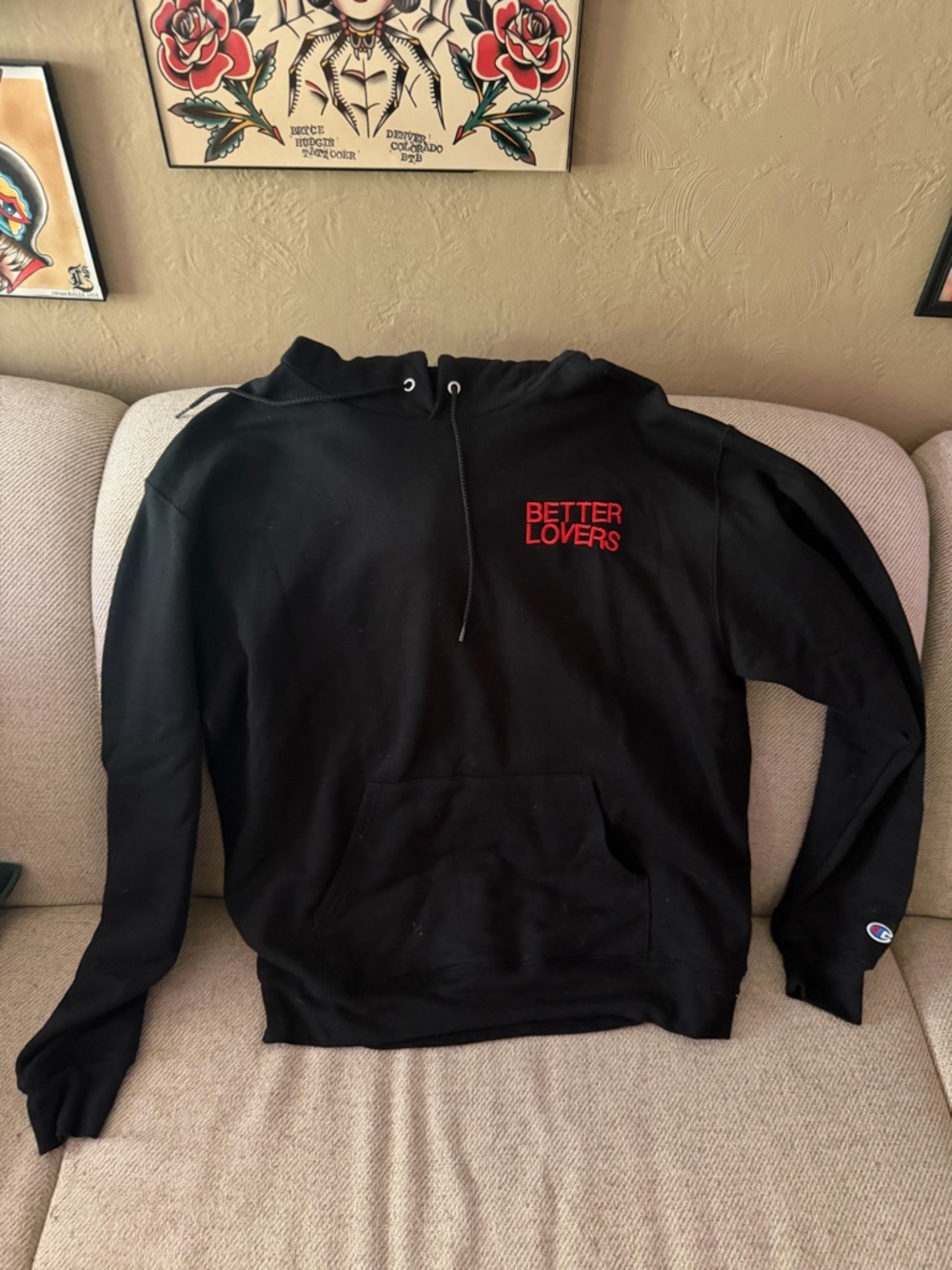 Champion Black Hoodie with Red "BETTER LOVERS" Chest Logo